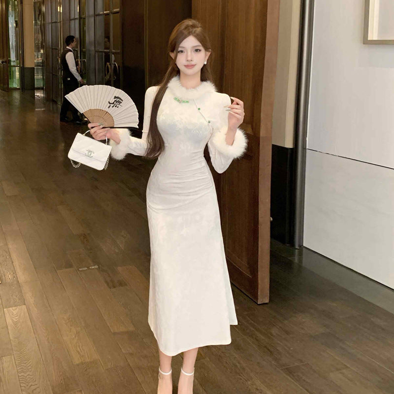 Dam Klänning Långärmad Velour med Unik Kjol-5