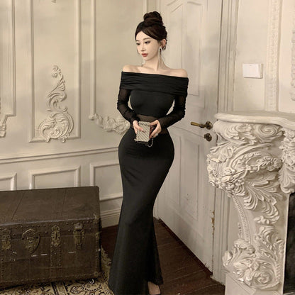 Fina Dam Klänningar Off-Shoulder Mesh med Volanger Lång Kjol-3