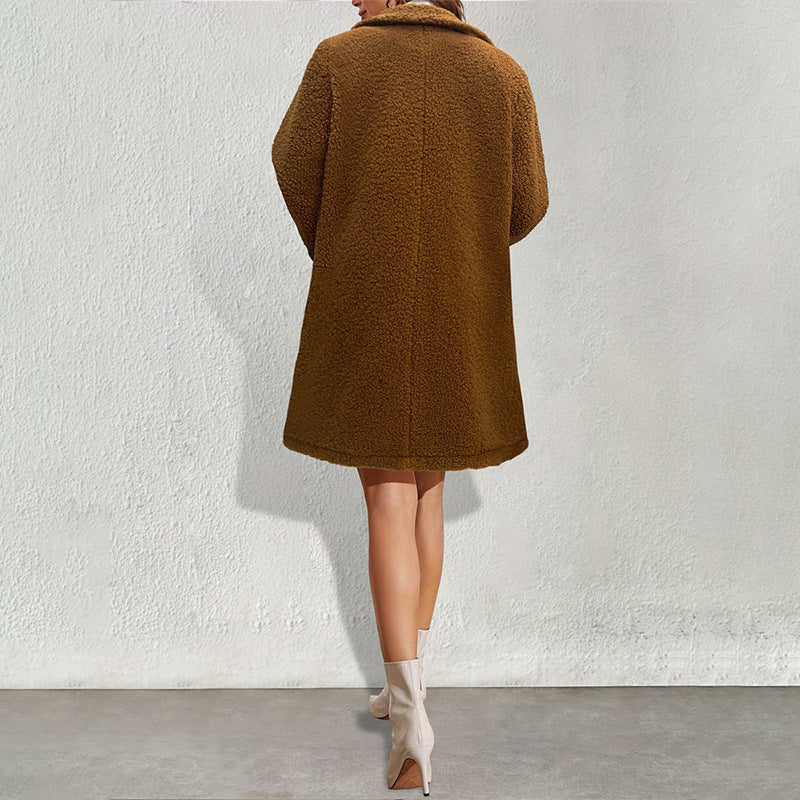 Svart Vinterkappa Dam med Vändkrage och Praktiska Knappar – Löst Sittande Teddy Kappa för Kalla Dagar 4