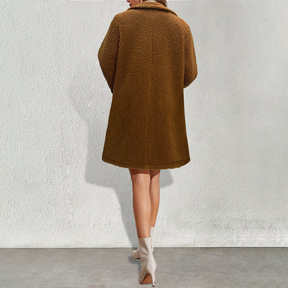 Svart Vinterkappa Dam med Vändkrage och Praktiska Knappar – Löst Sittande Teddy Kappa för Kalla Dagar 4