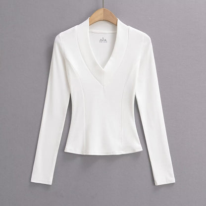 Kvinnors Långärmad Topp Djup V-hals Elastisk Material 7