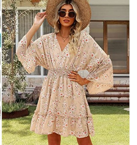 Elegant Blommaklänning för Dam i Lätt Material med Breda Ärmars Design - Perfekt för Sommar och Festliga Tillfällen 10