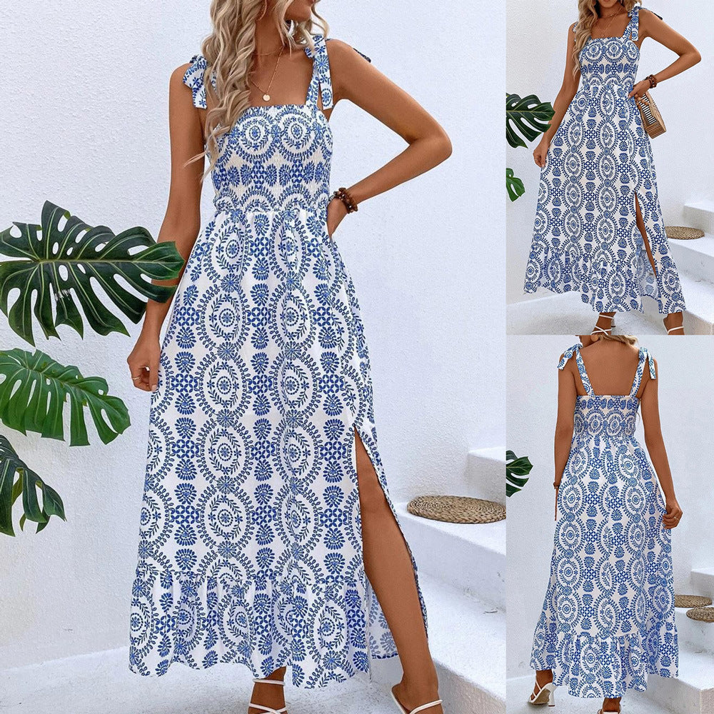 Damklänning Lång Blommig Spaghetti Rem Polyester Stilig 2