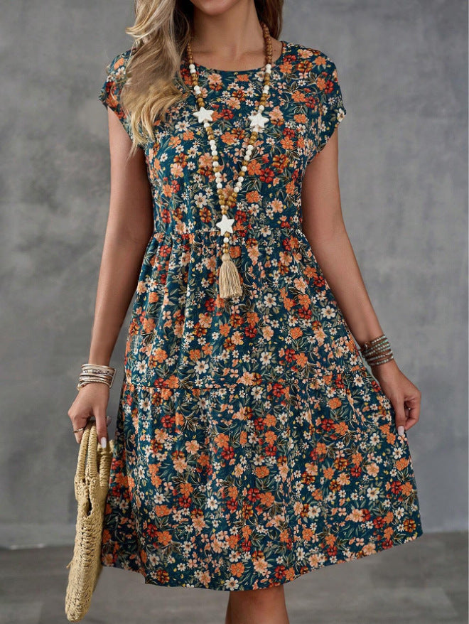 Kvinnors A-Linjeformad Klänning V-Ringning Bomullsblandning Blommönster-1