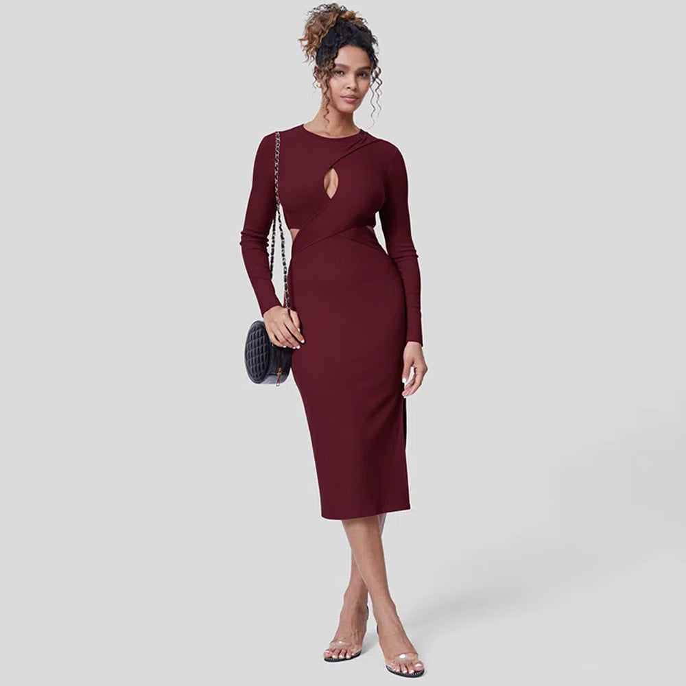Figursyddes Midikleid mit Utskurna Details und Langen Ärmeln – Festliches Kleid Midi für Abendveranstaltungen 6