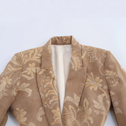 Dam Blazer Löst Vadderad Blommig Design med Reverskrage – Khaki, För Formella och Avslappnade Tillfällen 2