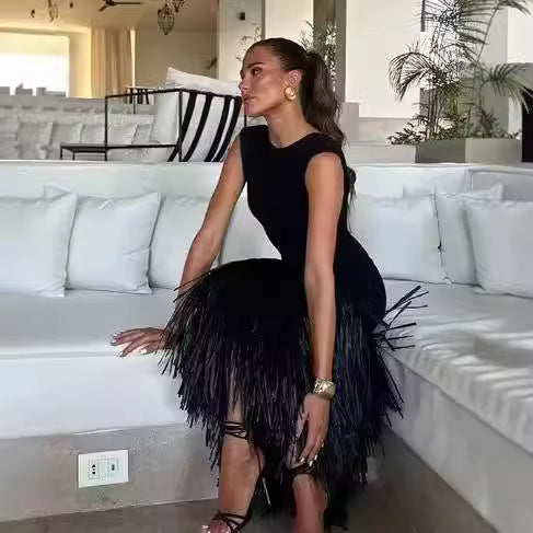 Dam Långklänning med Fransar och Strukturerad Yta för Fest, Elastiskt Tyg-3