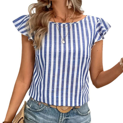 Damen V-Ausschnitt Oberteil mit Streifen – Kurzarm Bluse aus atmungsaktiver Baumwollmischung in S bis XL 6