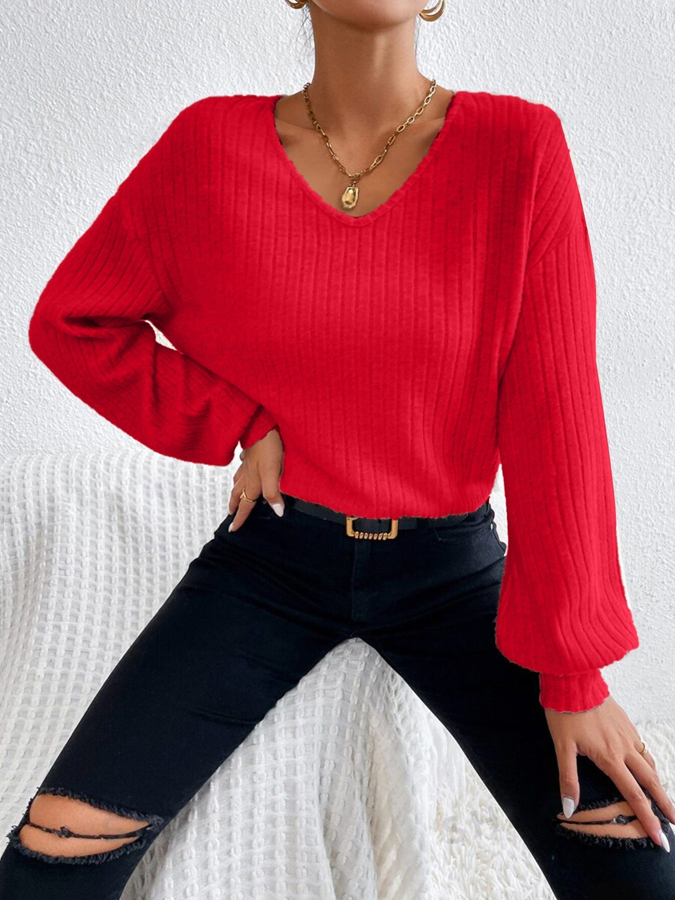 Variant image for Dam T Shirt V-ringning Lanternärmar Mjuk Tyg-6