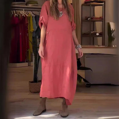 Fina Dam Klänningar Lång Kjol Kort Ärmar Bomull och Linne-3