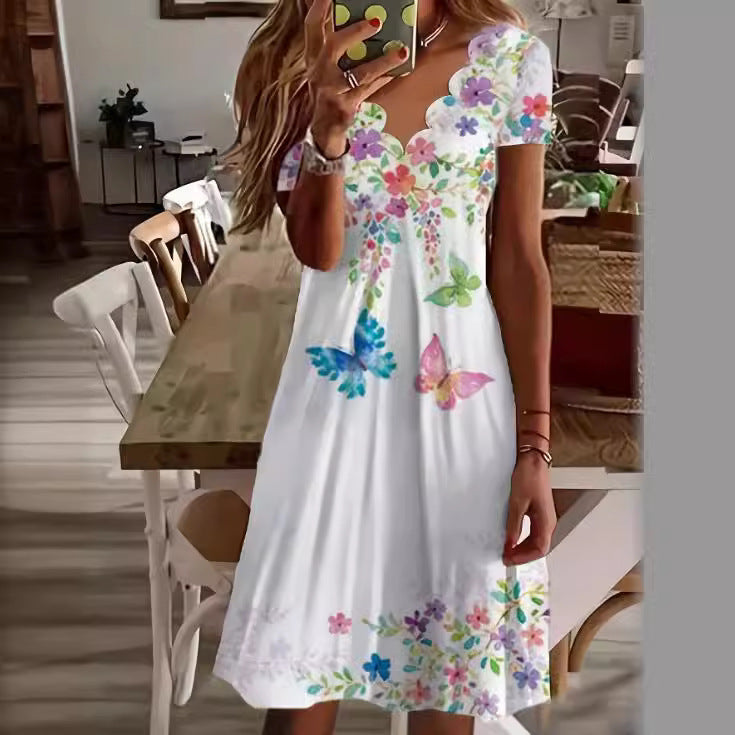 Kvinna Midi Klänning Tryckt V-Neck Kort Ärmlös Polyester-4