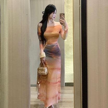 Damklänning Blommig Draperad Smal Snitt Polyester Lång Kjol-4