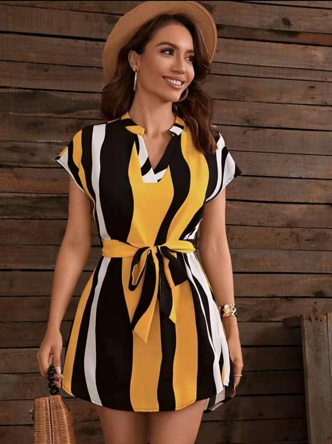 Kvinnors Midi Klänning A-Line V-ringad Polyester Randig-1