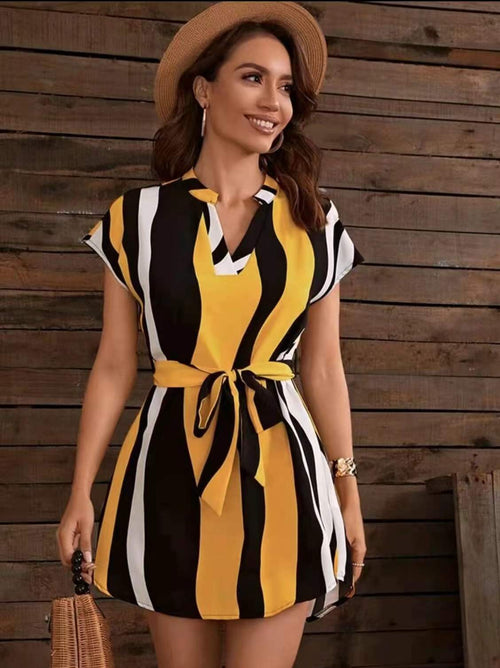 Kvinnors Midi Klänning A-Line V-ringad Polyester Randig-1