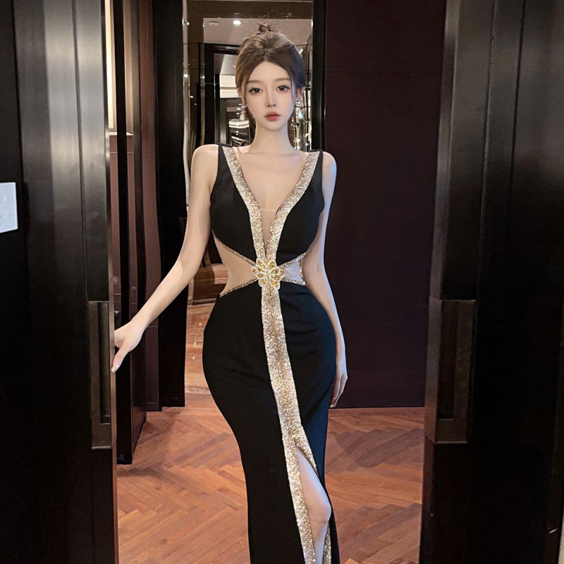 Dam Lång Klänning V-ringad Polyester Öppen Rygg-2