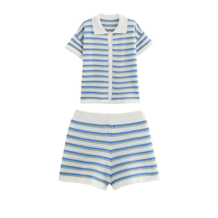 Variant image for Dam Shorts Set Randig Stickad Topp 100% Bomull Avslappnad Passform-21