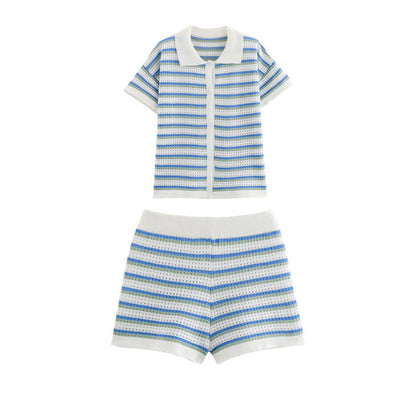 Variant image for Dam Shorts Set Randig Stickad Topp 100% Bomull Avslappnad Passform-21