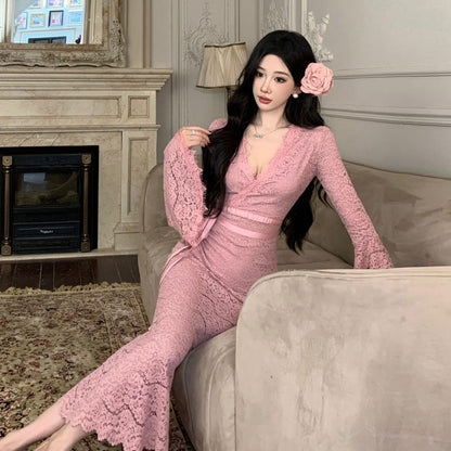 Kvinnors Sjöjungfruklänning Långa Ärmar V-ringning Högkvalitativt Tyg-3