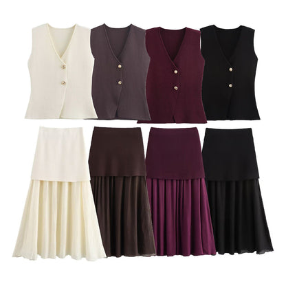Dam V-ringad Väster Set med Plisserad Kjol i Polyester för Sommarens Mode-3
