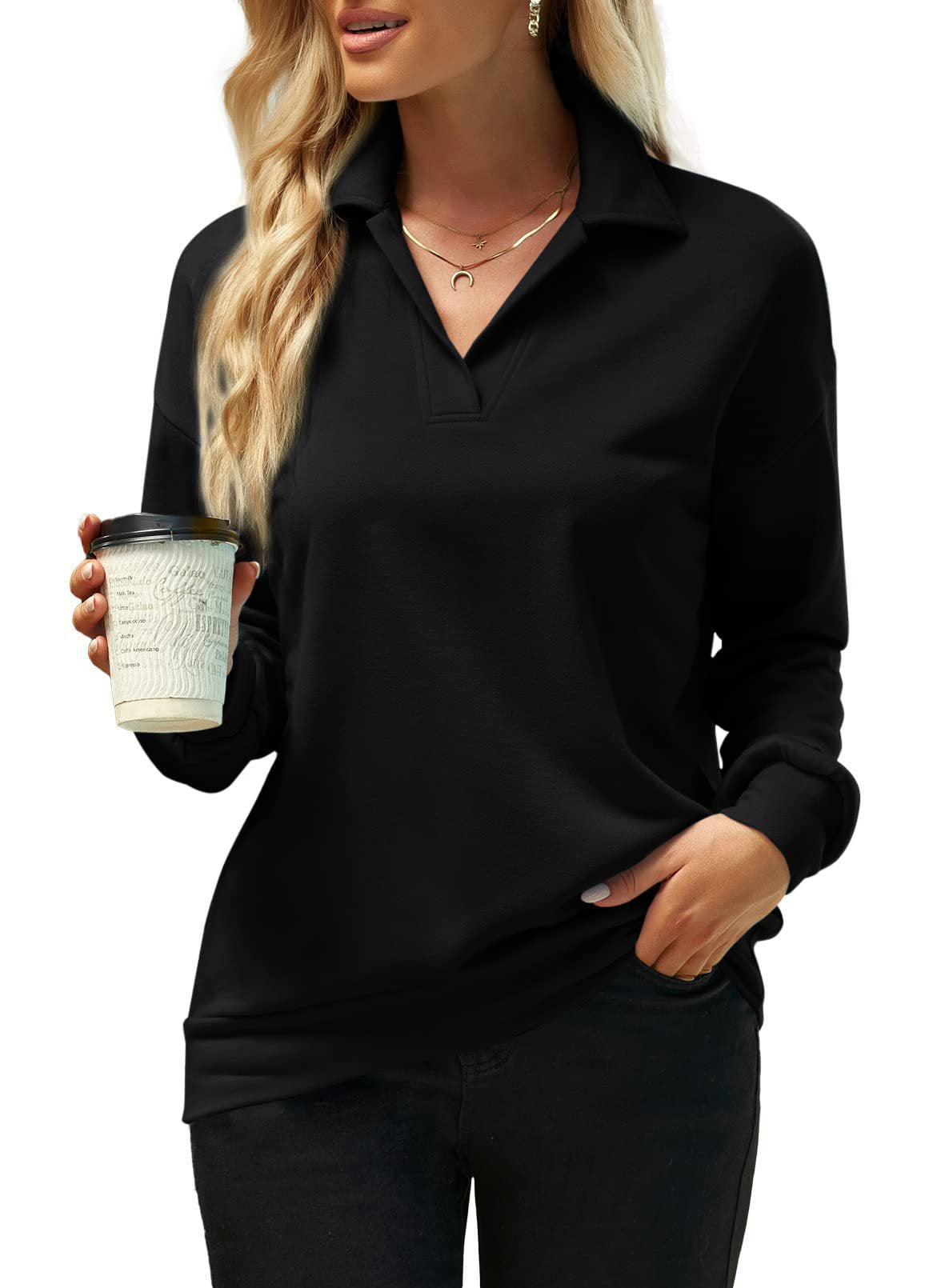 Variant image for Dam Sweatshirt Långärmad V-ringad Polyester Tjocktröja för Avslappnad Stil-14