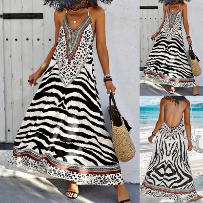 Ärmlös Klänning för Kvinnor med Zebramönster – Lång Polyester Slip Dress i Svart 2
