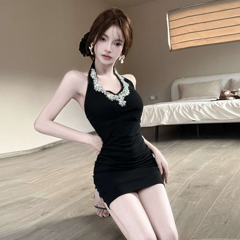 Kvinnors Bodycon Klänning Halterneck med Strass Polyester Elastan-4