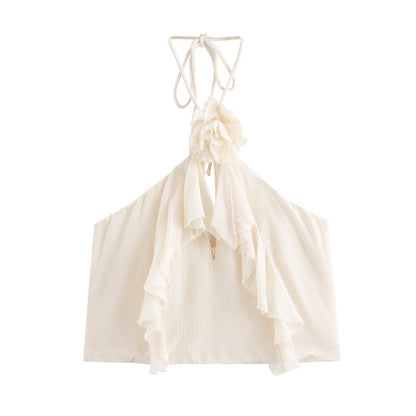 Dam Topp Tredimensionella Blommor Patchwork Polyester-1