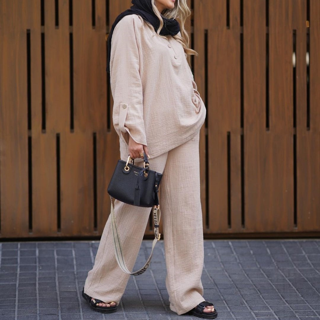 Dam Set Vikta Tygskjorta Breda Byxor Polyester-4