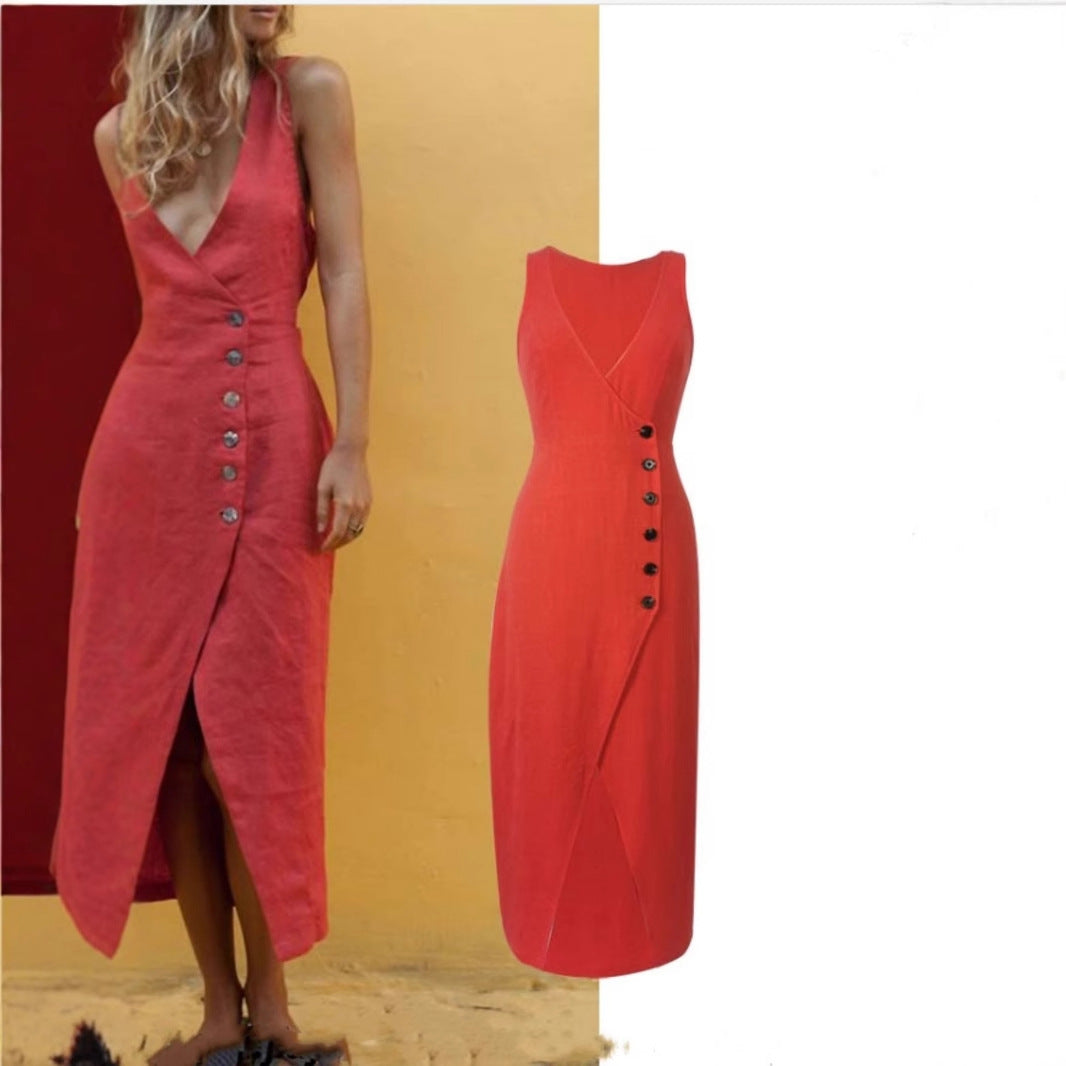 Kvinnors Midi Klänning Ärmlös V-Hals Bomullsblandning 2