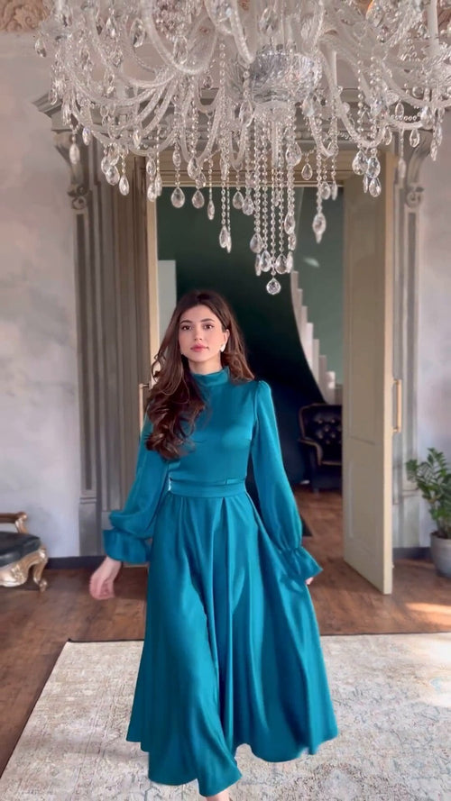 Kvinna Lång Klänning A-Line Rüschärmar Mjuk Tygblandning-1