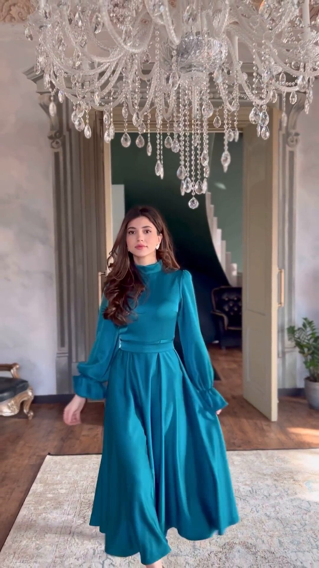 Variant image for Kvinna Lång Klänning A-Line Rüschärmar Mjuk Tygblandning-1