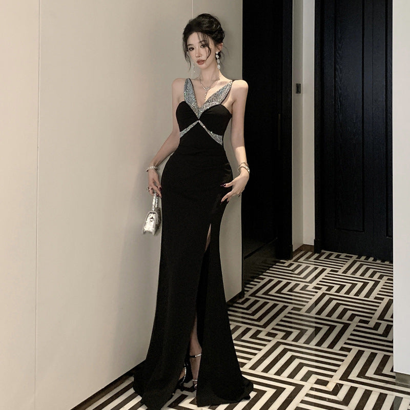 Kvinnors Lång Klänning V-Hals Ärmlös Högkvalitativt Tyg-3