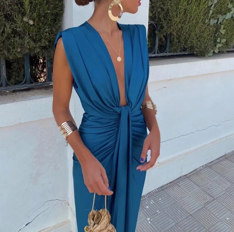 Elegantes Schwarzes Abendkleid mit Drapierter V-Ausschnitt und Elastischem Stoff – Perfekt für Hochzeiten und Abendveranstaltungen 10