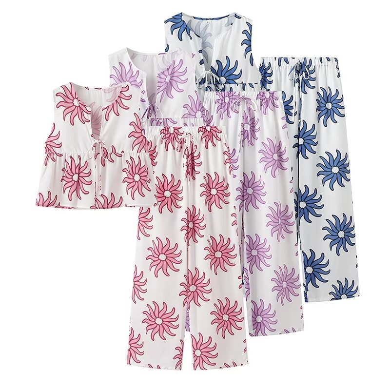 Dam Fritidsuppsättning Ärmlös Kofta Polyester Långa Byxor-2