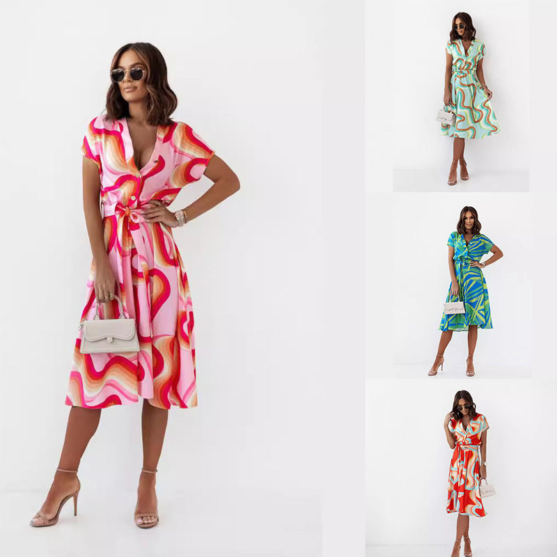 Kvinnors MIDI-klänning A-linjeformad Polyester med Kort Ärmar och Tryckt Mönster-2