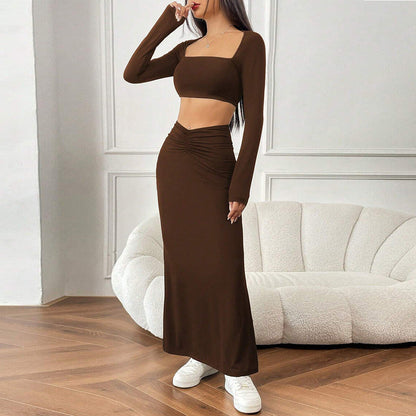 Dam Två Delar Set Kort Topplång Kjol Polyester för Sommarkläder-5