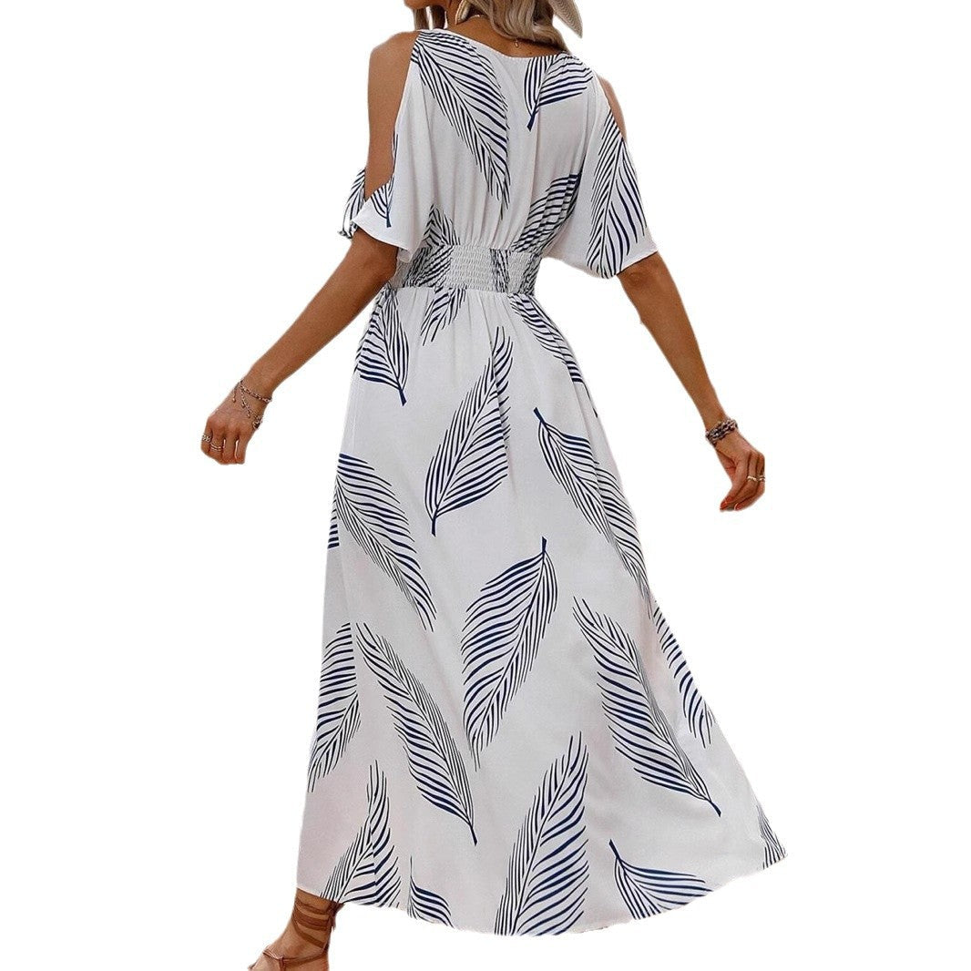 Maxiklänning Dam Off-Shoulder Asymmetrisk Vit Polyester med Elastisk Midja – Trendig Sommarmodell 6