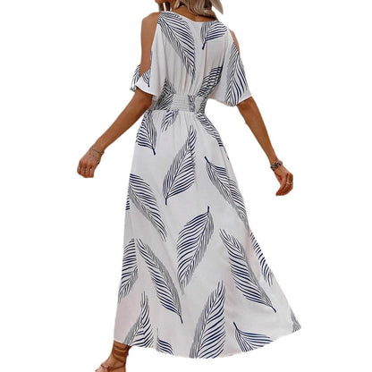 Maxiklänning Dam Off-Shoulder Asymmetrisk Vit Polyester med Elastisk Midja – Trendig Sommarmodell 6