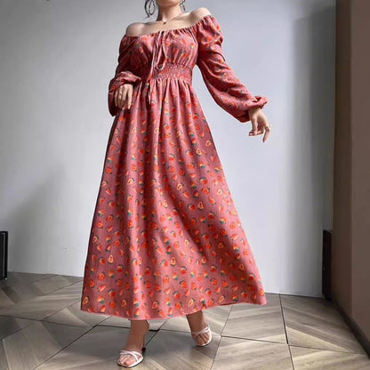 Dam A-linjeformad Klänning med Blommönster och Puffärmar-5