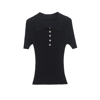 Kvinnors Polo Skjorta Ribbad Mjuk Tyg med Klassisk Krage 8