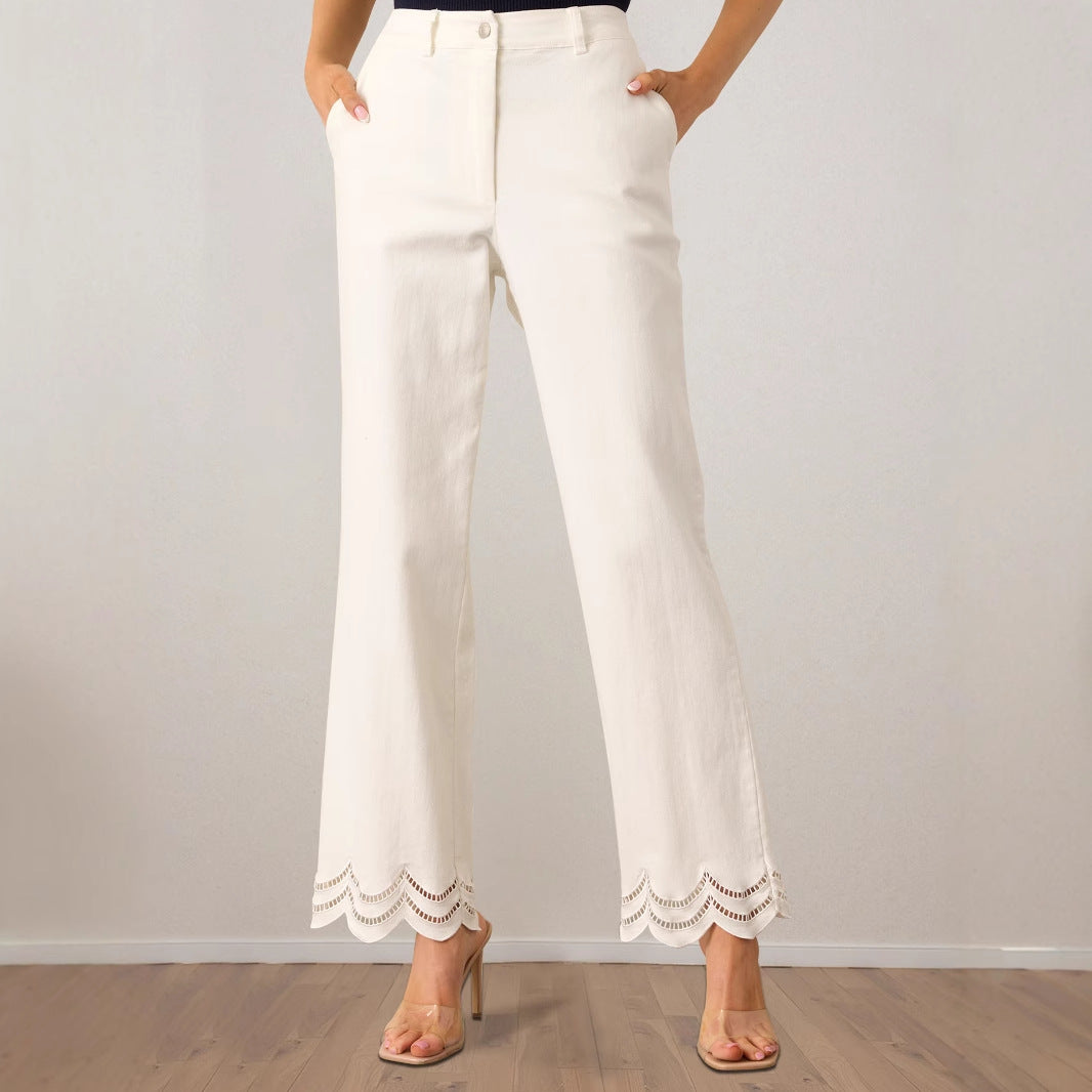 Damernas Palazzo-byxor Bred Benpassform med Dekorativ Vågfinish och Sidfickor 5