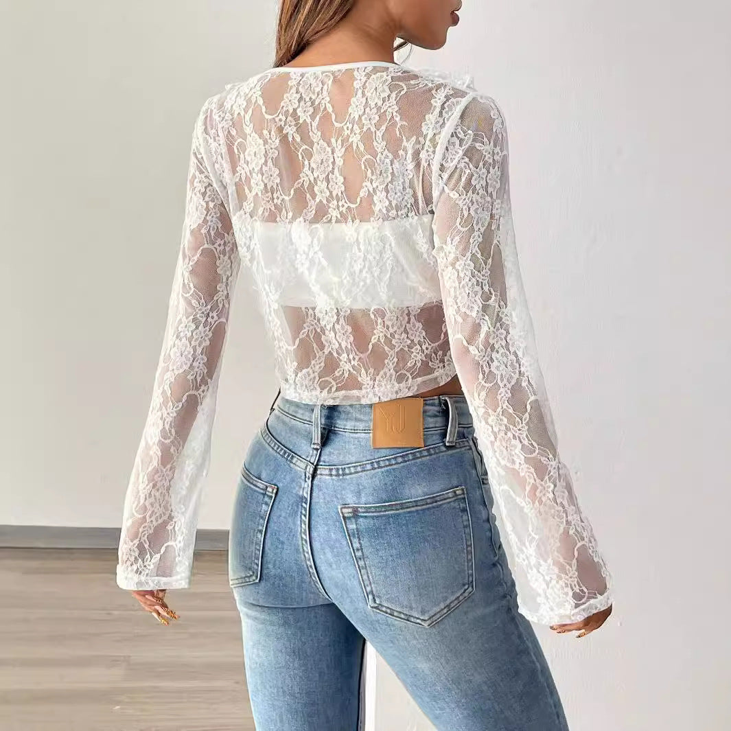 Dam Långärmad Topp Spets Geometriskt Mönster V-hals-3