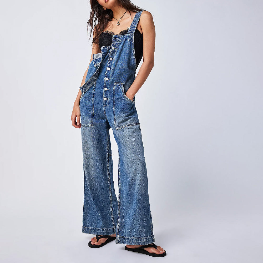 Dam Jumpsuit Justerbara Bärarben i Denim Smal Passform-2