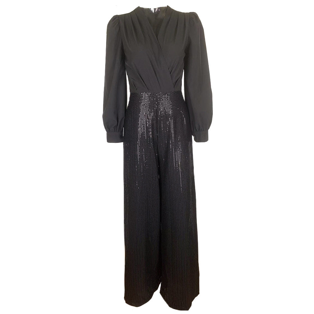 Dam Byxor V-neck Paljetter Lång Kompositmaterial-6