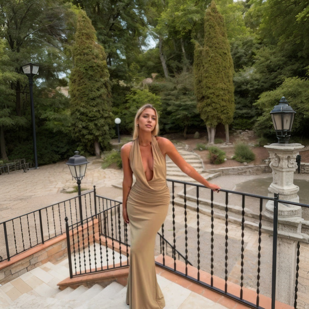 Dam Aftonklänning Lång V-ringning Monokrom Polyester-3