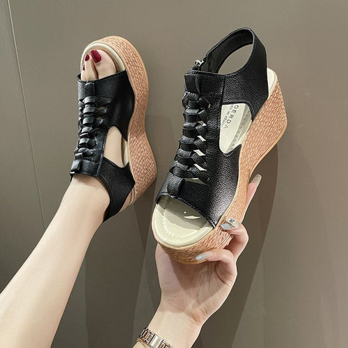 Kvinnliga Kilsandaler Snörning Läder med Blixtlås-1