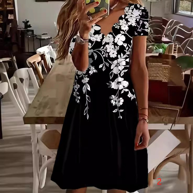 Kvinna Midi Klänning Tryckt V-Neck Kort Ärmlös Polyester-3