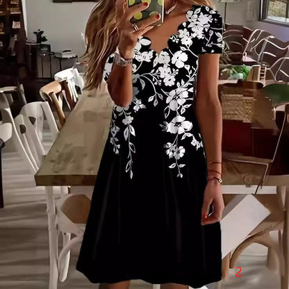 Kvinna Midi Klänning Tryckt V-Neck Kort Ärmlös Polyester-3