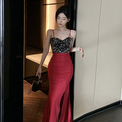 Variant image for Kvinnor Lång Sjöjungfru Klänning V-hals Spaghetti Remmar Polyester Elastan-1