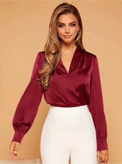 Variant image for Dam Långärmad V-ringad Blus Satin Rynkad-25